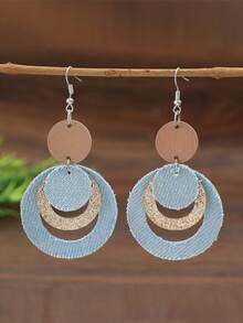 复古木质牛仔蓝色圆形耳环，波西米亚风闪亮牛仔多层独特设计耳环 - 牛仔藍 - 查看 10