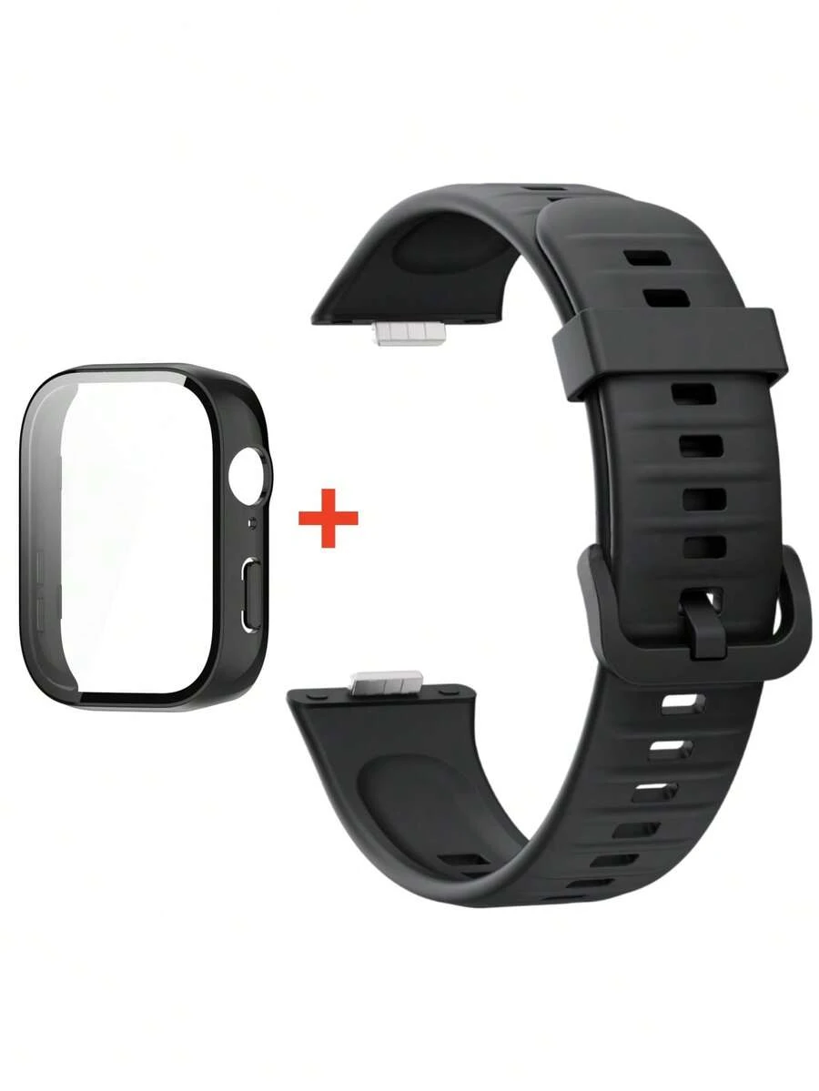 2pcs/Set Black Soft Silicone Watch Band & Full Coverage Screen Protector Case Compatible With Huawei Watch Fit 3 / Fit 4 / Fit 4 Pro, Breathable Sport Strap Replacement Wristband With Anti-Scratch Bumper Case Protective Cover, Adjustable Sweatproof Watch Accessories For Men Women, Daily Wear Replacement Band - Black - View 1