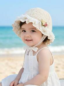 1顶幼儿女童米色蕾丝蝴蝶结遮阳帽，透气防紫外线公主风刺绣儿童帽 - 1PC - 查看 8