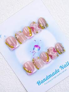 10pcs/Set Handmade Square Nail Tips With French Edge, Carving, Beads, Shells, Rhinestones Elements, Y2K Baddie Style, Nude & Pink White Color, Suitable For Party, Wedding, Daily Wear, Includes Tool Kit, Great Gift For Women & Girls Nails Nail Supplies Handmade Press On Nails - Red and White - View 2