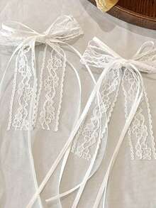 1/2个韩式蝴蝶结发夹，超仙女蕾丝珍珠流苏，丝带公主头饰，高端芭蕾舞风格发夹 - 白色 - 查看 5