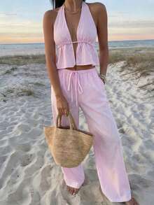 2pcs Vaiaye Women Tie-Up Striped Ruffle Bandeau Crop Top And Wide Leg Pants Set, Striped Linen Deep V Camisole And Drawstring Loose Casual Beach Pants, Sexy Cute Elegant Romantic Summer 2-Piece Set, Traceable Cotton Pink - Pink - View 1