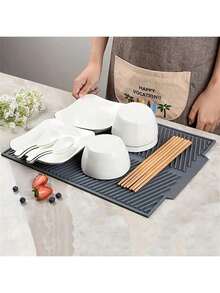 1pc Silicone Dish Drying Mat, Foldable Dish Drainer Pad, Large Drainage Mat, Heat Resistant Pot Holder, Dishwasher Trivet, Kitchen Accessories - Grey - View 7