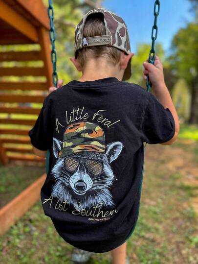 1pc Toddler Boys' Street Cool Black Short Sleeve T-Shirt, Colorful Letter & Animal Print, Casual Loose Fit Top