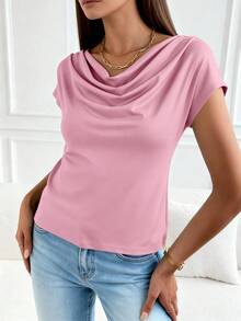 PRETTYGARDEN Women's Summer Clothes Tops Dressy Casual Clothing Cowl Neck Short Sleeve Blouses Business Work Office Shirts  Tops For Women - 粉色 - 查看 3
