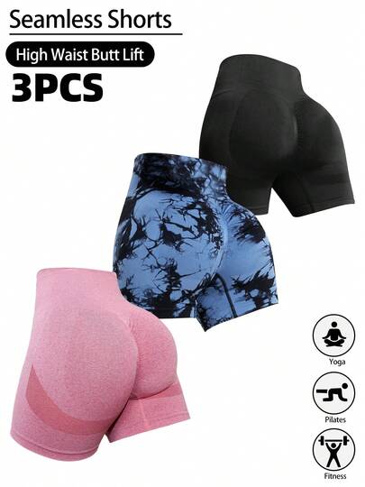 3条装女士高腰无缝弹力印花运动骑行短裤