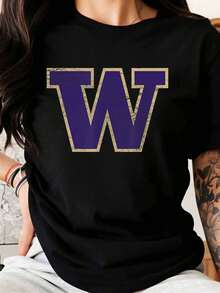 University Of Washington Huskies Black T Shirt With Purple W Logo For College Football Fans And Alumni Casual Wear - màu đen - Xem 1