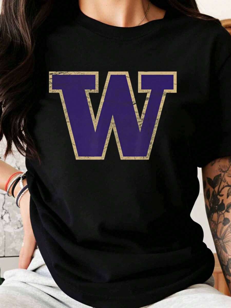 University Of Washington Huskies Black T Shirt With Purple W Logo For College Football Fans And Alumni Casual Wear - màu đen - Xem 1