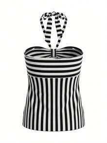 条纹无肩带露背吊带背心，百搭修身无袖短款上衣，夏季必备 - 條紋 - 查看 6