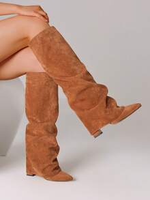 Women's Knee High Fold Over Slouchy Shark Boots Fashion Pointed Toe Block Thick High Heels Pull On Party Dress Punk Pleated Boots Woman - 棕色絨面革 - 查看 9