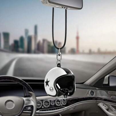 Cute Car Pendant, Helmet Shaped, Rearview Mirror Hanging Decor, Cartoon Car Interior Accessory