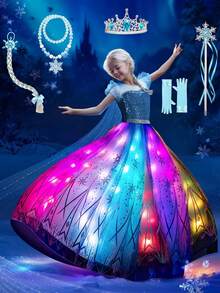 Princess Dress For Girls, Light Up Dress Up Costumes For Festival Cosplay Costume, Birthday Party Dress - 藍色 - 查看 12