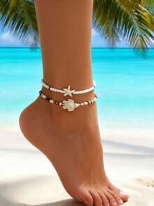 2件套 时尚百搭波西米亚复古沙滩海星海龟脚链套装，适合女性日常、约会、派对和宴会佩戴 - 彩色 - 查看 1