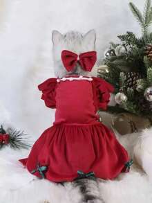 一套公主风可爱时尚蝴蝶结连衣裙套装，方便穿脱的狗狗衣服，节日版 - 紅色 - 查看 5