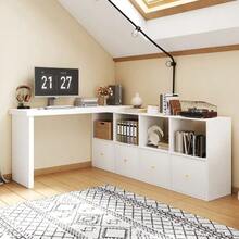 Corner Table With 360° Swivel Top, Can Be Positioned L-Shaped Or Straight, Made Of MDF (Medium Density Fiberboard), Reinforced 4 Cm Tabletop And Legs, With 4 Compartments And 4 Drawers, White, Adjustable, Can Be Used As A Desk Or Computer Desk - 查看 1