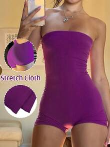 Purple Striped Strapless Fitted Romper - Sexy Clubwear Jumpsuit Summer Elegant - Hot Pink - View 10
