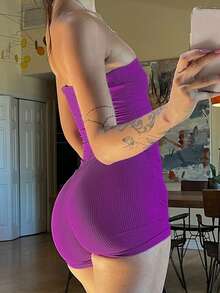 Purple Striped Strapless Fitted Romper - Sexy Clubwear Jumpsuit Summer Elegant - Hot Pink - View 5