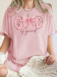 1pcsWomen's Summer New Simple Sheep And Slogan Print Daily Casual Round Neck Apricot Short Sleeve T-Shirt Fashionable And Versatile Suitable For Daily Wear Women's Tops180g100%Cotton - 粉色 - 查看 8