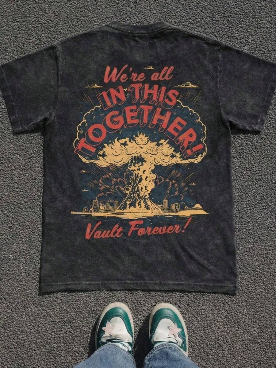 Vintage Washed Technology Quality Cotton Men's Unisex Tee Apocalyptic Bomb Print Retro Style Punk Aesthetic Casual & Festival Wear Big Size Option - màu đen - Xem 1