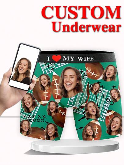 1 Pieza de Calzoncillos Tipo Bóxer Personalizados para Hombres, Ropa Interior Personalizada con Impresión de Foto del Campo de Fútbol Americano y Diseño de Libro de Jugadas, Calzoncillos Tipo Bóxer Personalizados Exclusivos para el Esposo, Calzoncillos Tipo Bóxer Personalizados con Expresión Divertida, Deportivos, Divertidos, Cómodos, Únicos, Regalo Ideal para el Día de San Valentín, Aniversario, Cumpleaños, Boda para Novio, Esposo, Él, Perfecto para Chicos Deportistas