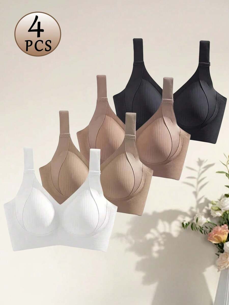 4pcs Summer Seamless Wireless Bras For Women Removable Padding For Shape, Adjustable Wide Bands & Back Closure Friendly For Big Busts, Cool-Touch, Underwear Women Silky, Lightweight