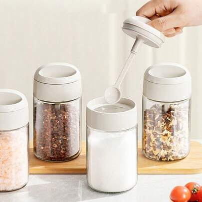 調味料入れ 250ml 3個セット、マルチファンクション 塩スプーン付き コンディメントストレージコンテナ、防水 防湿 耐久性 お手入れ簡単