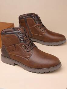 1 paire de bottes de cheville décontractées rétro pour hommes, avec tige en cuir marron, bout rond et semelle en caoutchouc antidérapante. Convient pour le port quotidien et extérieur en automne - Tabac - Voir 3