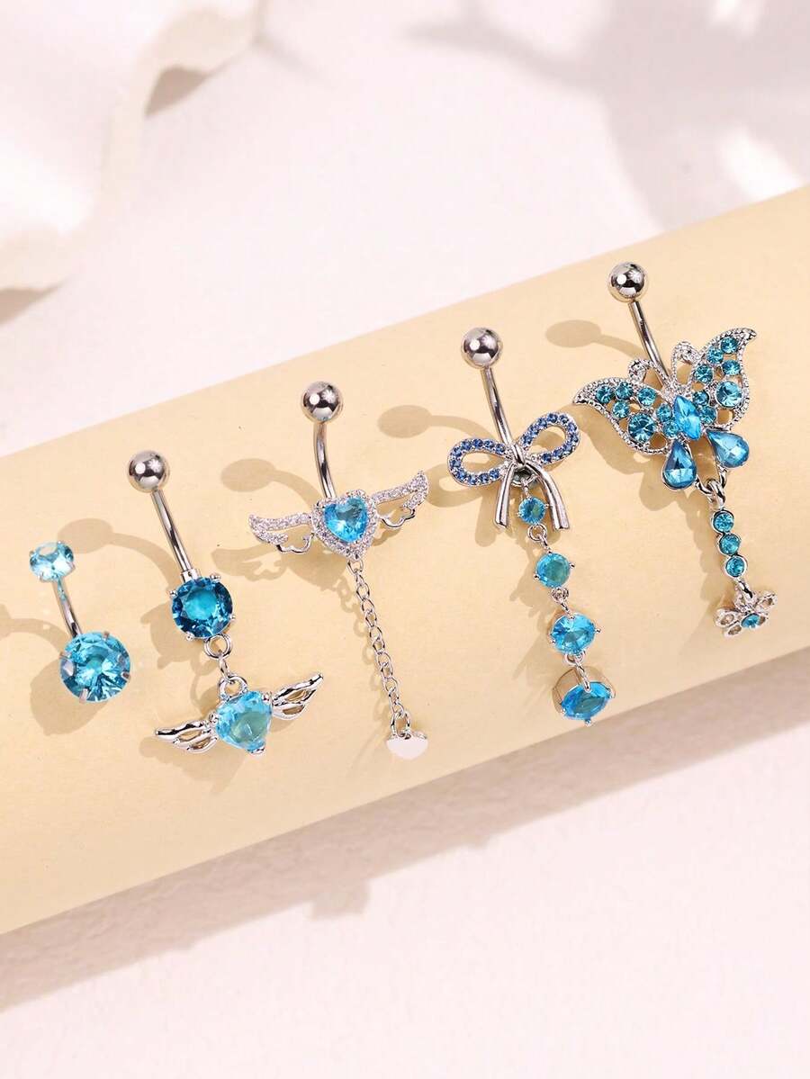 1pc Sexy Elegant High-End Beach Ocean Style Unique Butterfly Heart Wing Blue Zirconia Stainless Steel Navel Ring, Suitable For Daily, Beach, And Holiday Wear - Multicolor - View 1