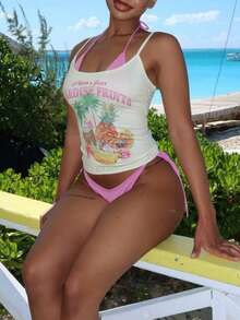 Áo tank top mùa hè, áo tank top trễ vai, áo tank top in họa tiết, trang phục đi nghỉ mát, áo vest đi biển dành cho nữ. - Màu vàng - Xem 2