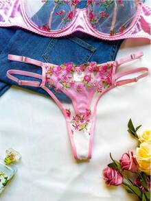 女士内衣套装，性感薄纱刺绣花卉蕾丝文胸，适合日常穿着、派对、生日等场合，是年轻女士的理想之选。 - 粉色 - 查看 6