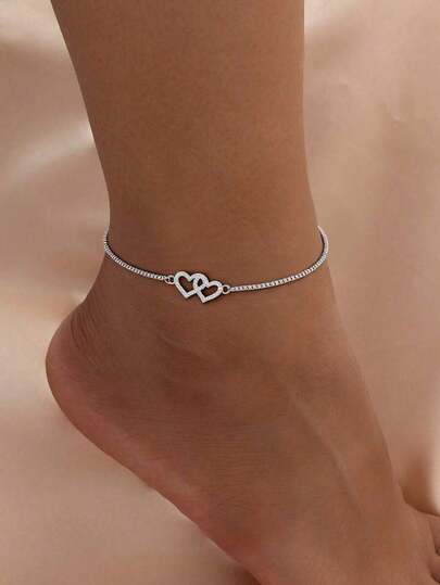 1pc Delicate Zirconia Double Heart Anklet, Suitable For Women To Wear On Vacation, Beach And Daily Occasions