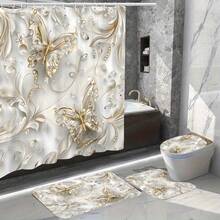 1pc/4pcs Elegant Butterfly Shower Curtain Set With 12 Hooks, Waterproof Polyester Fabric, Washable Bath Mat, Non-Slip Rug, Fashionable Bathroom Accessories, Dry Clean Only - Multicolor - View 3