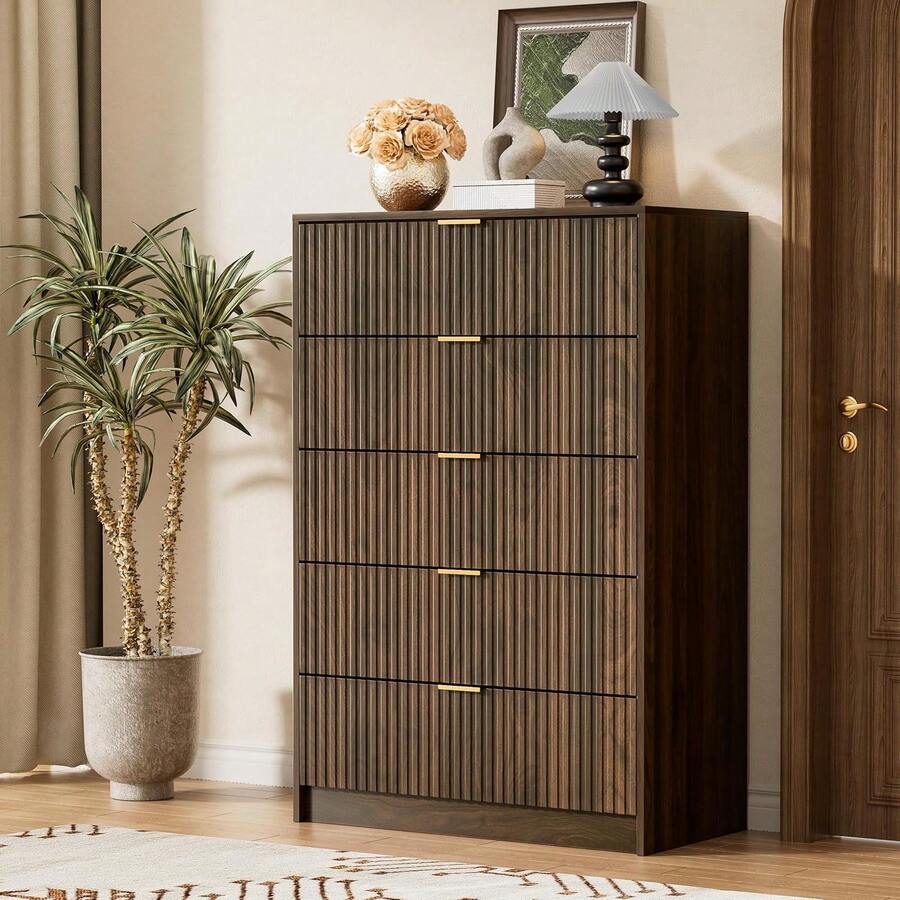 BVFUKA 5 Drawer Dresser, 32 Inch Wide Chest With Gold Handles For Bedroom Living Room Office - 核桃 - 查看 1