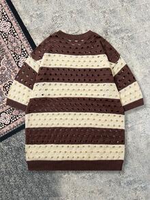 Unisex Colorblock Striped Mesh Breathable Loose Fit Crew Neck Short Sleeve Knit Top, Spring/Summer - Khaki - View 3