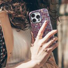 网格紫色马赛克瓷砖手机壳，艺术玻璃纹理设计，兼容 17/16/15/14 Pro Max Plus/13/12/11 - 紫色 - 查看 3