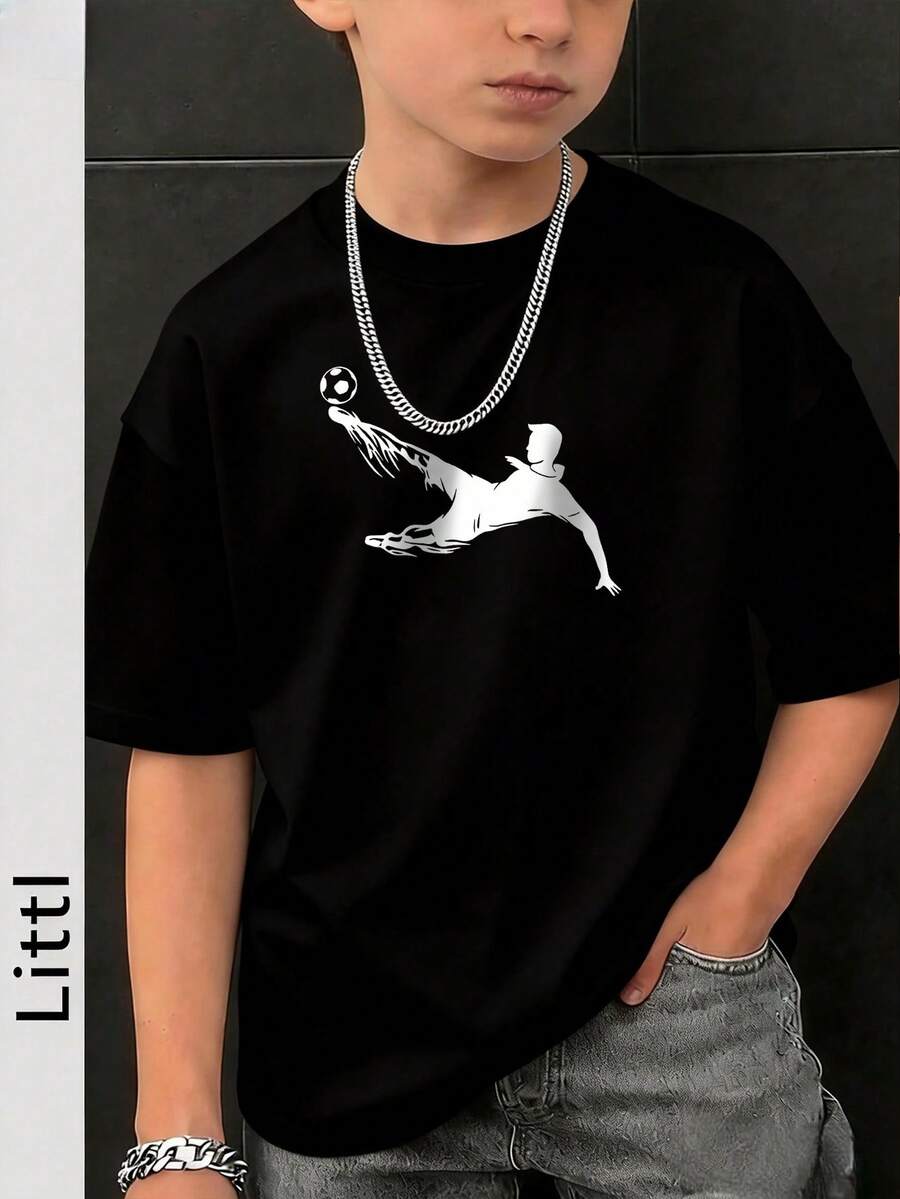 Tween Boys Casual Printed Rund Halsad Kortärmad T-shirt, Sommartopp - Svart - Visa 1