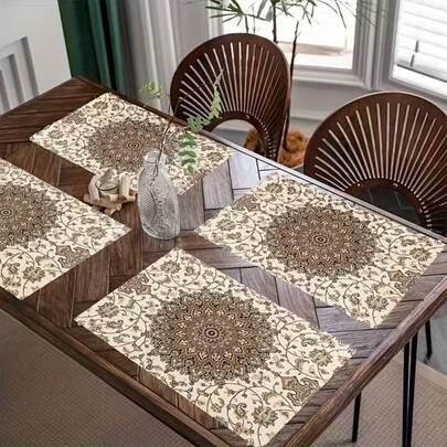 Juego de manteles individuales con estampado de mandala bohemio (1/4/6 piezas) - Decoración de cocina y comedor - Cubierta de tela de poliéster, decoración de habitación, decoración de fiesta