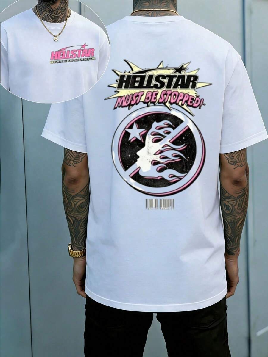 Hellstars Must Be Stopped Prohibited Logo Vintage T-Shirt Double Sided Printed (220g 100% Cotton T-Shirt),Summer Clothes, Men's Tops, Casual And Comfortable, Fashionable Graphic Tee, Unisex Style - White - View 1