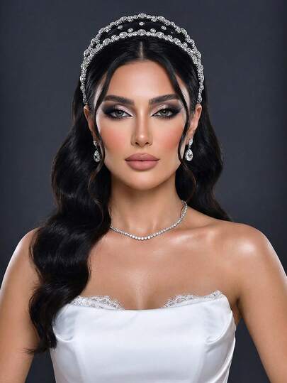 1件黑色网状水钻发箍，闪亮银色新娘发饰，适合婚礼、派对、复活节、日常佩戴