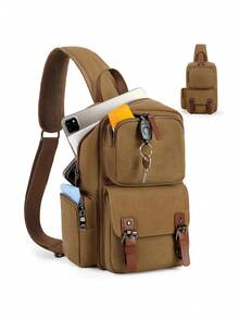 Men's Crossbody Bag, Anti-Theft Chest Bag, Waterproof Shoulder Bag, Chest Bag And Crossbody Bag Dual-Use, Suitable For Hiking, Walking, And Traveling, Black/Brown - Multicolor - View 2