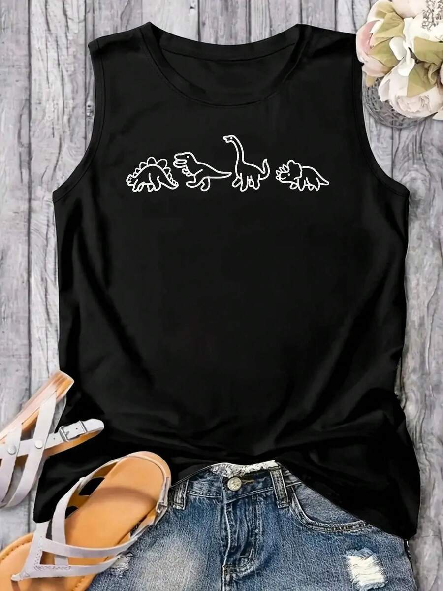 Women Cute Dinosaurs Graphic Tank Top Short Sleeve Casual Crew Neck Tshirt Tops Fashionable Plus Size Women's Tank Top, Super Soft And Breathable Cotton | Comfortable Fit, Versatile Everyday Style, Suitable For All Seasons. - 黑色 - 查看 1