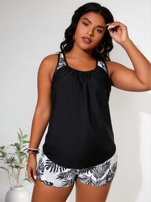 New Women's Two-Piece Swimsuit: Halter Neck Pleated Top + Tropical Leaf Shorts - Black - View 3
