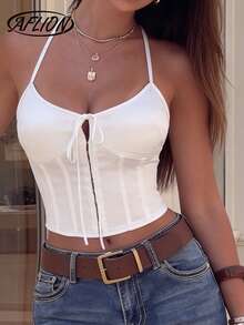 Áo croptop nữ màu trắng hai dây buộc eo - Kiểu dáng thời trang Y2K gợi cảm, hở eo, phù hợp cho các bữa tiệc mùa hè, hộp đêm, kỳ nghỉ biển, hẹn hò, buổi hòa nhạc. - trắng - Xem 7