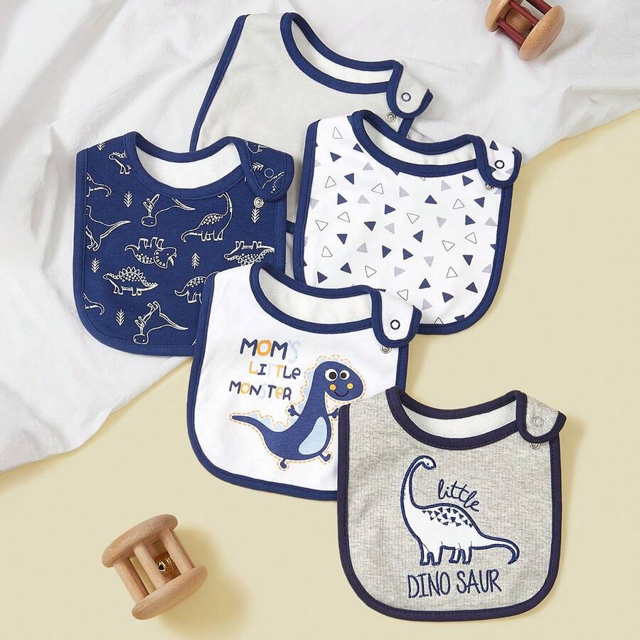 5pcs U-Shaped Rectangular Bibs, Eating Bibs, Drool Bibs, Unisex Cartoon Design, Soft & Comfortable - Multicolor - View 1