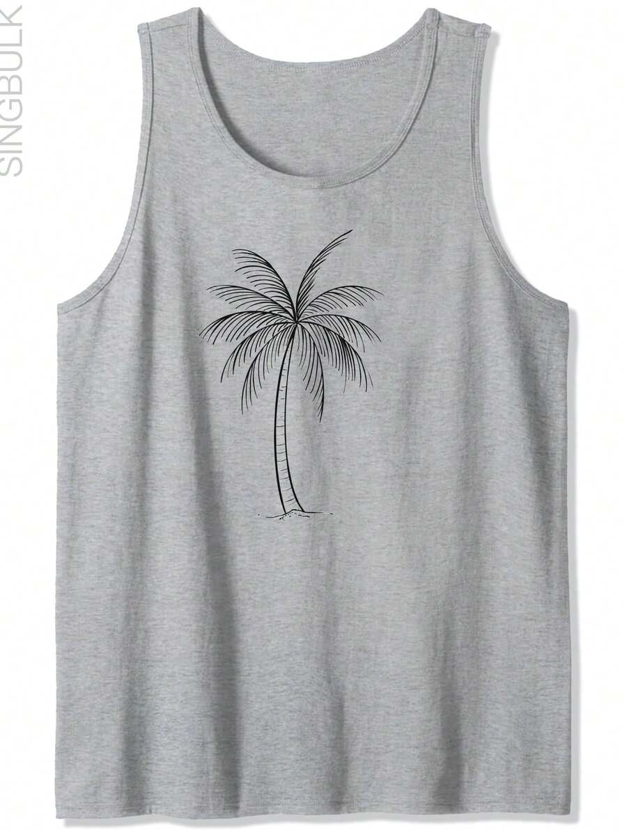 Men's 100% Cotton Sleeveless Palm Tree Print Muscle Shirt - Relaxed Fit Beach Tank Top With Tropical Palm Tree Design, Breathable & Lightweight For Summer, Casual & Formal Outdoor Wear, Ideal For Swimming, Surfing, Vacation - Ideal Gift For Men (Machine Washable) - Loose Fit Crew Neck Round Neckline, Digital Print, Non, Comfortable For Casual Attire, Perfect For Beach Outings, Sleeveless Shirt Men Gym, Sleeveless Shirt Men Singlet Men, Men Gym Singlet, Man Sleeveless, - 灰色 - 查看 1