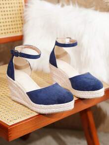 Women's Comfortable Non-Slip Buckle Round Toe Platform Wedge Shoes, Spring/Summer - Blue - View 5