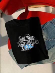 1pcs Women's Crew Neck T-Shirt Vintage Streetwear Style Van Dutch Logo Print With Snake And Star Design Casual Wear Short Sleeve Summer Breathable Tee Women's Short Top Family Gatherings Summer Trips And Festive Occasions - Black - View 2
