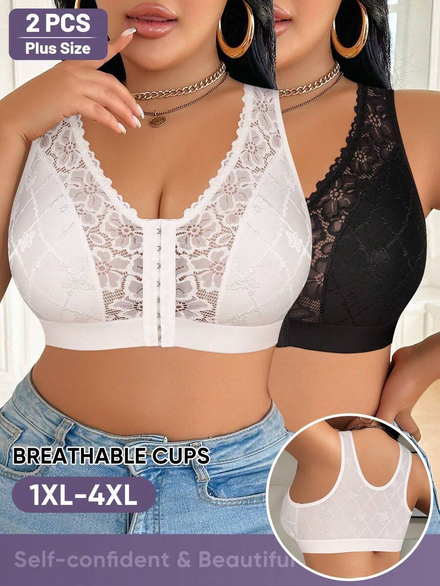 MEIYATING 2pcs Plus Size Women Front Closure Bra Floral Lace Hollow Shoulder Strap Lightweight Vest Style Sexy Wireless Lingerie White