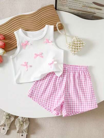 2pcs/Set Girls' Summer Vest With 3D Bow Decor And Contrast Plaid Shorts Set, Fashion Summer Outfit. Minimalist Stylish Design, Suitable For 4-7 Years Old Girls, Great As A Gift. Suitable For Outdoor Wear
