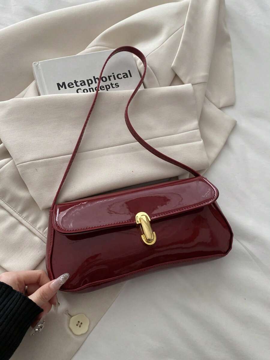 Lacquered Stylish Shoulder Handbag, Fashionable French Baguette Bag, Chic Lock Closure Shoulder Bag - Red - View 1